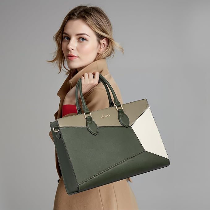 LOVEVOOK Laptop Bag for Women,17 lnch Waterproof Lightweight Leather Tote Bag,Professional Business Office Work Bags with Clutch Purse,Large Capacity Computer Shoulder Handbag,Green-Green-White