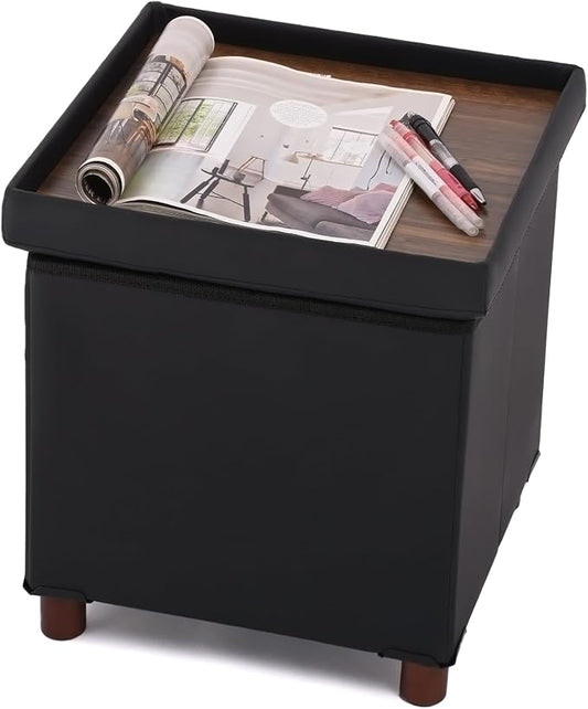 Dorriss Storage Ottoman for Living Room，Square Ottoman with Tray Bedroom Cube Foot Rest Stool with Legs Ottomans Coffee Table Lid Foldable Footstool Faxu Leather 15" Inch(Black)