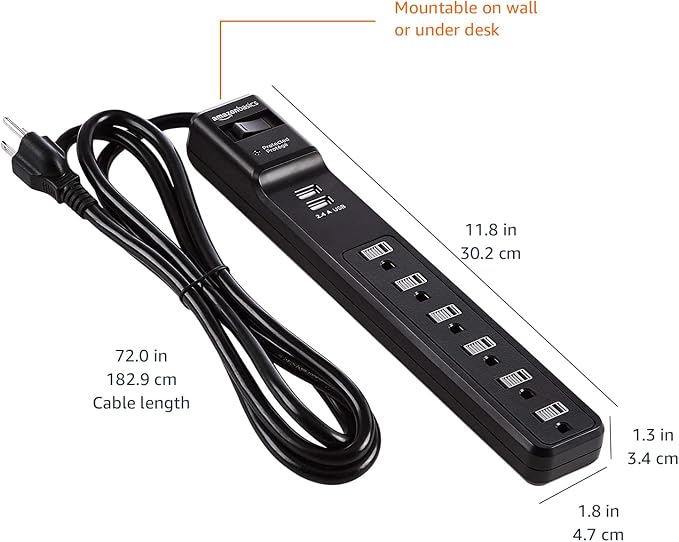 Amazon Basics Surge Protector Power Strip with 6 Outlets, 2 USB Ports, 1000 Joule, 6-Foot Cord Length, Black