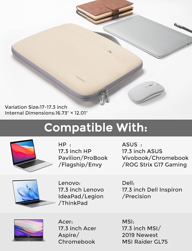 DOMISO 17 inch Laptop Sleeve Protective Case Cover Compatible with 17-17.3 inch HP Dell ASUS Lenovo Chromebook,Waterproof Computer Cases Bag with Handle,Beige