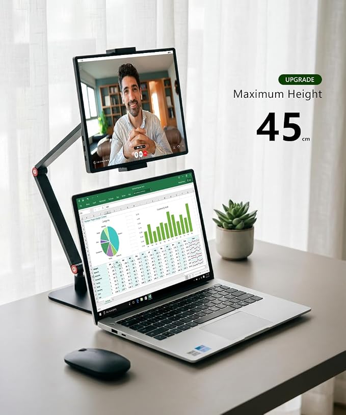 Portable Monitor Stand for Desk, Extra Tall Adjustable Tablet Holder (Max 45cm-17.7" Height), Aluminum 360° Swivel Arm Mount for 6-17.3" Screens, Fits 12.9 inch iPad Pro & Portable Displays