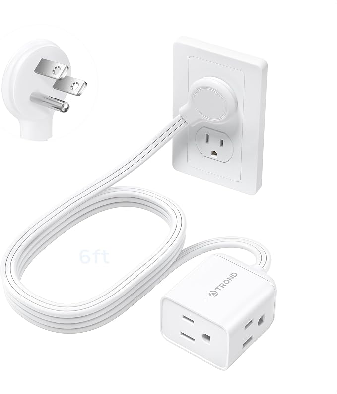 TROND Flat Extension Cord 6 Feet - Left Angled Flat Plug Power Strip, ETL Listed, 3 Plug Extension Outlets, Three Prong, SPT 16/3 Gauge, 13A, Small for Indoor Home Office Cruise Ship Travel, White