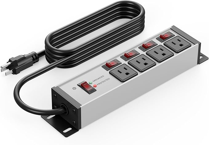 CCCEI Heavy Duty Surge Protector Power Strip 20 Amp Individual Switches. 12FT 12 Gauge Extension Cord with Multiple Outlets. Kitchen, Garage, Shop, Industrial Wall Mount Electric Extender, Grey.