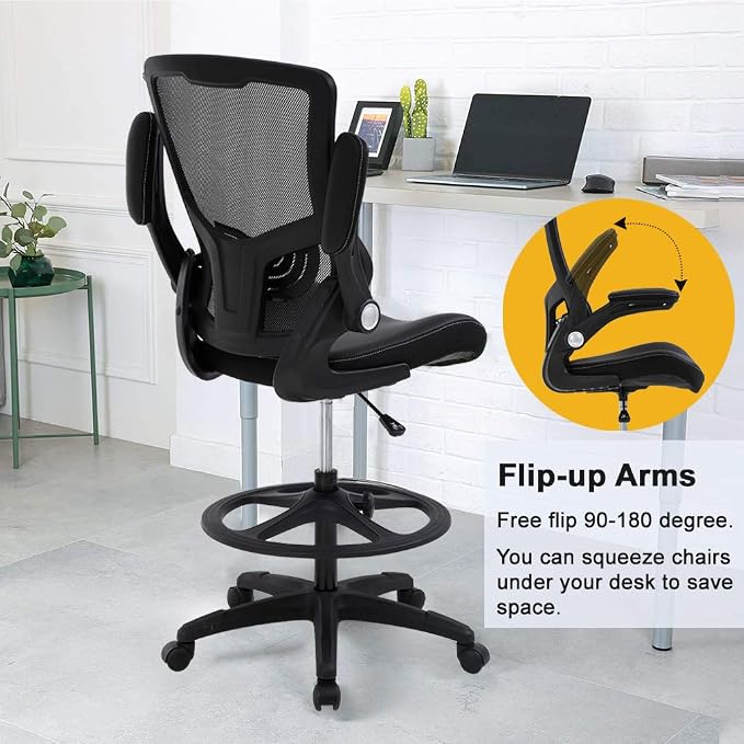 BestOffice Drafting Chair Ergonomic Tall Office Chair Standing Desk Chair with Flip Up Arms Foot Rest Back Support Adjustable Height Mesh Drafting Stool, Black