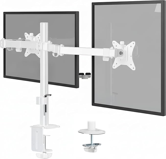 Mount-It! Dual Monitor Mount for Desk, Adjustable Tilt Swivel on Double Monitor Mounts for Screens up to 32”, Dual Monitor Arms for 2 Monitors, VESA 75x75 and 100x100 C-clamp & Grommet in White
