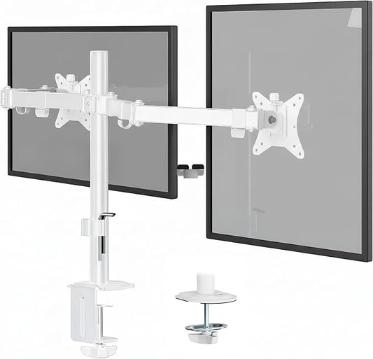 Mount-It! Dual Monitor Mount for Desk, Adjustable Tilt Swivel on Double Monitor Mounts for Screens up to 32”, Dual Monitor Arms for 2 Monitors, VESA 75x75 and 100x100 C-clamp & Grommet in White