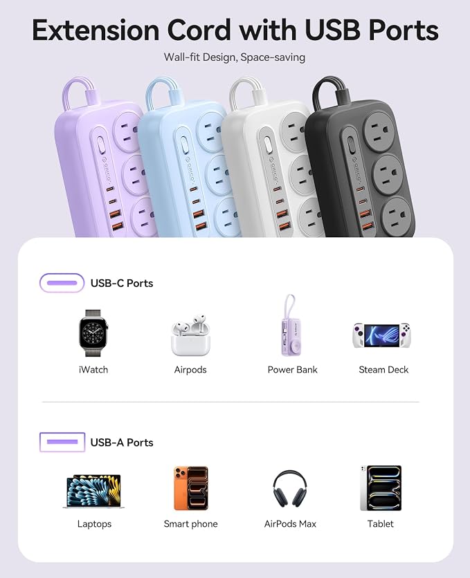 ORICO Surge Protector Power Strip, PD20W Multiple Outlets Extension Cord with 6 AC Outlets and 4 USB Charging Ports (2 USB-C), 45° Flat Plug, 5 Ft Mountable Outlet Extender for Home/Office/Dorm - OG