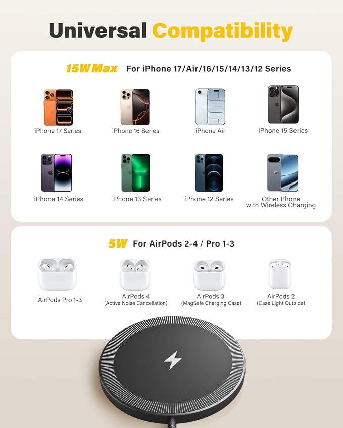 6FT Magnetic Wireless Charger Charging Pad - 15W Qi Fast Phone Charger Puck for Apple iPhone 17 16 15 14 13 12 Series & AirPods 4 3 2 Pro, Phone Charging Pad with Plug for Desk & Travel, 1Pack Black