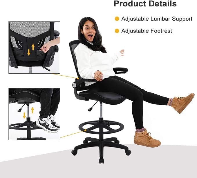 BestOffice Drafting Chair Ergonomic Tall Office Chair Standing Desk Chair with Flip Up Arms Foot Rest Back Support Adjustable Height Mesh Drafting Stool, Black