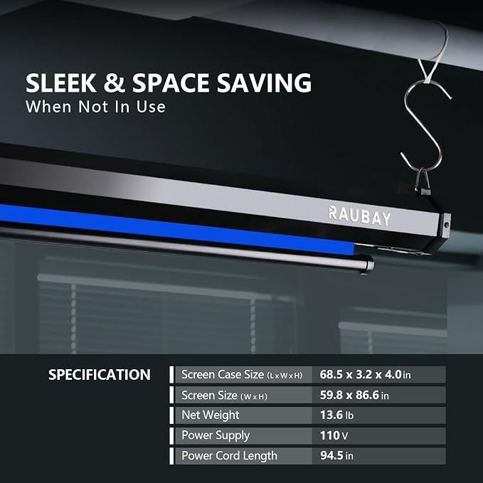 RAUBAY Motorized Pull Down Blue Screen - 59.8" x 86.6" Collapsible Wall-Mount Background for Professional Video Production, Chroma Key Backdrop for YouTube, TikTok, Streaming, Video Conferencing
