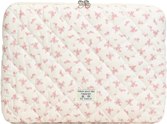 Puffy Laptop Sleeve Case Cute Computer Bag, 14 Inch Flower Printed Quilted Laptop Carrying Cases, Floral Pattern Protective Cover Accessories, Compatible with 13" 14" 15" Notebook