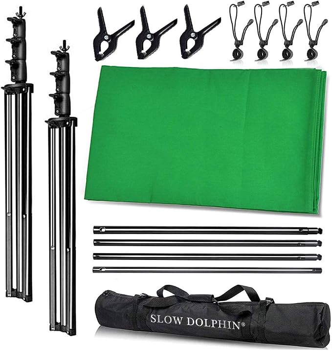 SLOW DOLPHIN Photo Video Studio 10 x12ft 100% Cotton Muslin Chromakey Green Screen Backdrop with 10 x 10ft Stand Photography Background Support System Kit Clamp, Carry Bag