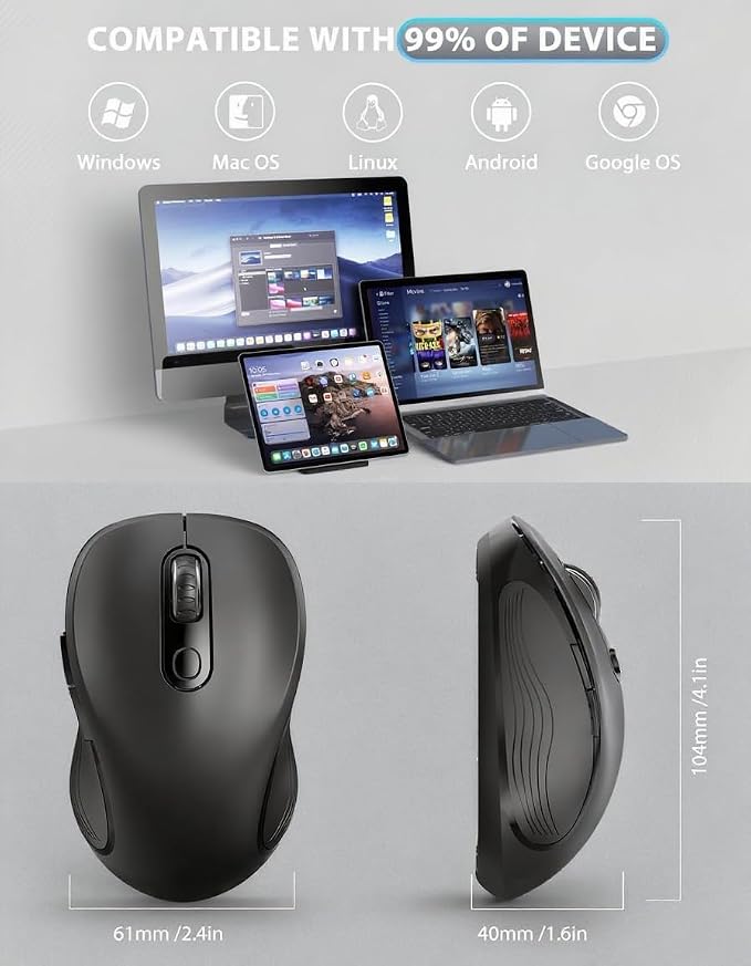 Trueque Wireless Mouse, 2.4GHz Ergonomic Mouse for Laptop & PC, Silent Portable Computer Mice with Back & Forward Buttons, USB-C Adapter for Windows/Mac, M01 (Black)