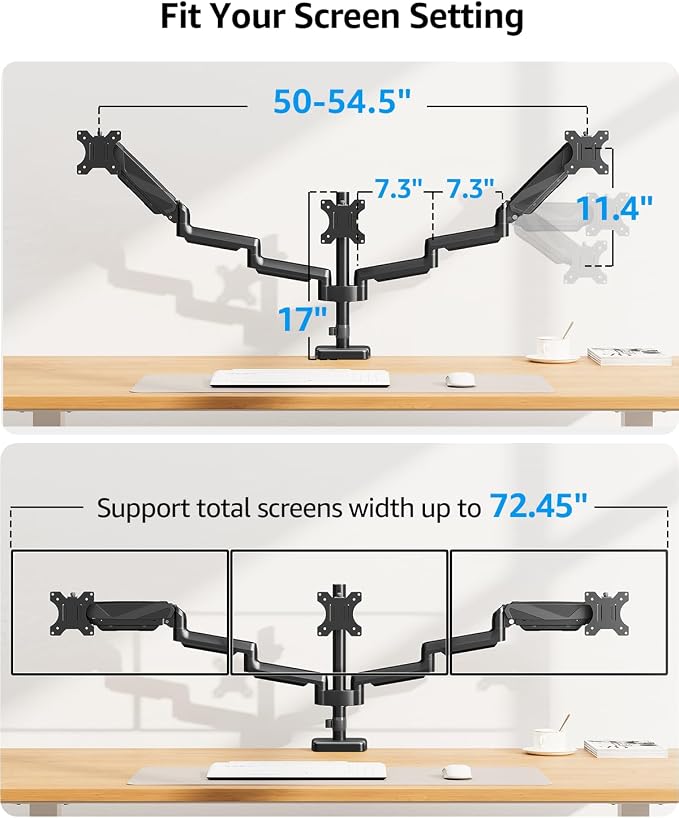 MOUNTUP Triple Monitor Mount, Triple Monitor Desk Mount for Max 27 inch Computer Screens, 3 Monitors Stand for Desk, Monitors Arm with Swivel, Tilt, Rotation, Each Arm Holds 4.4-19.8 lbs