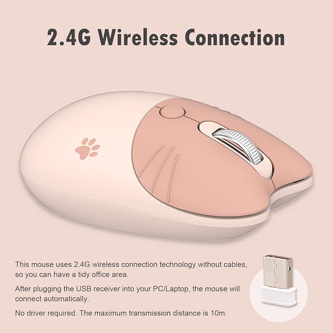 Lomiluskr Cute Cat Wireless Mouse, Lightweight Soundless Mice, 2.4G Wireless Mice, Candy Colors, Kawaii Mouse for Girls and Kids (Milk Tea)