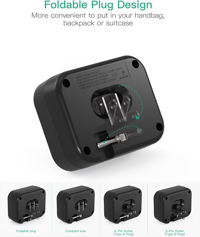 2 PACK Cruise Ship Essentials, Cruise Power Strip with Foldable Plug, Travel Essentials with USB C, Outlet Extender No Surge Protector, Multi Plug Wall Outlet, Outlet Adapter Japan Plug Adapter, Black