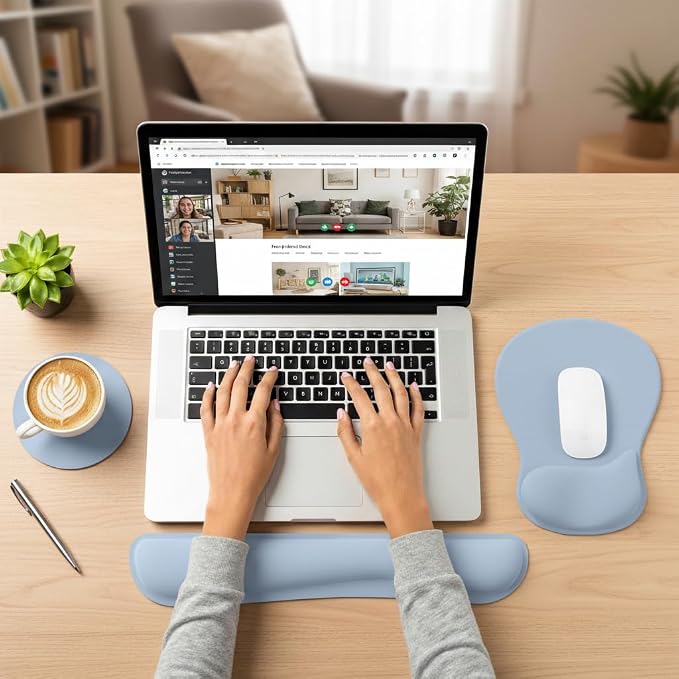 RICHEN Wrist Rest Support for Mouse Pad&Keyboard Set with Coaster,Concave Curved Memory Foam, Non-Slip Base Pain Relief Comfortable Easy Typing Pad for Home/Office (Light Blue)