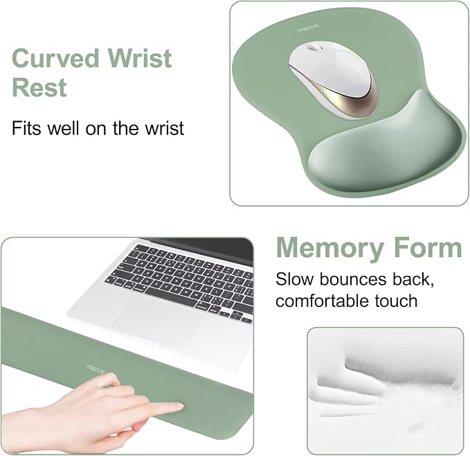 MOSISO Wrist Rest Support for Mouse Pad&Keyboard Set, Ergonomic Mousepad&Coaster, Non-Slip Base Home/Office Rectangular Easy Typing Cushion Pad with Soft Cloth&Curved Concave Memory Foam, Green
