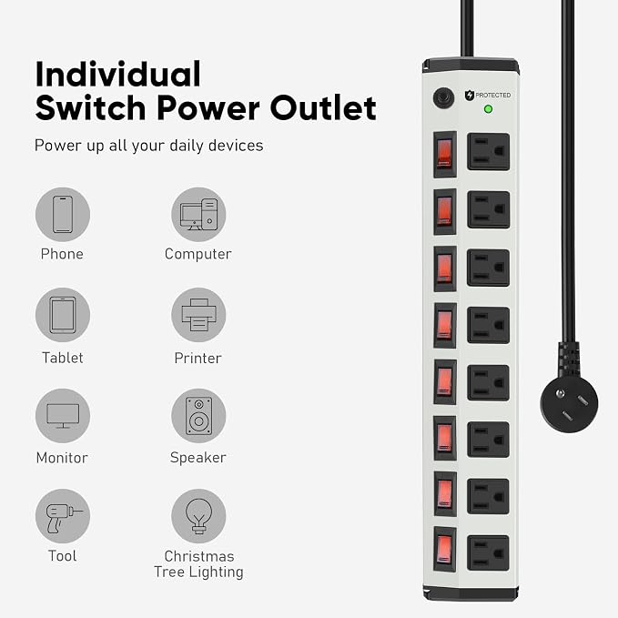 8 Outlet Metal Power Strip with Individual Switches,Heavy Duty Appliance Power Strip with Flat Plug,1200J Surge Protector,6FT Extension Cord 15A 120V 1800W for Home Office School Shop Industrial