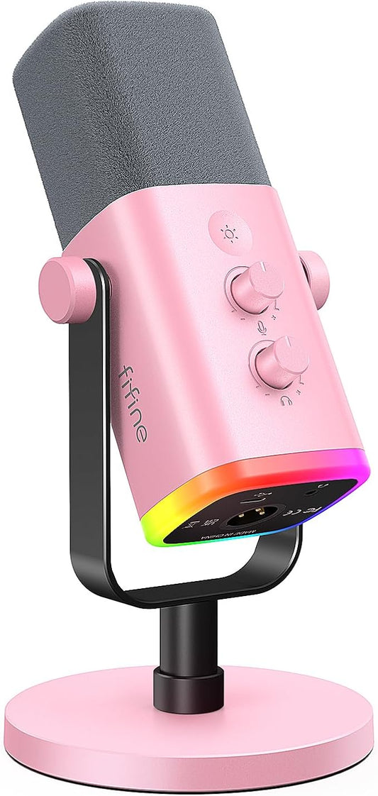 FIFINE XLR/USB Microphone, Gaming Recording PC Microphone with Headphones Jack, Mute Button, Dynamic RGB Mic for Computer, Streaming Mic for Podcasting Voice-Over YouTube Video-AmpliGame AM8 Pink
