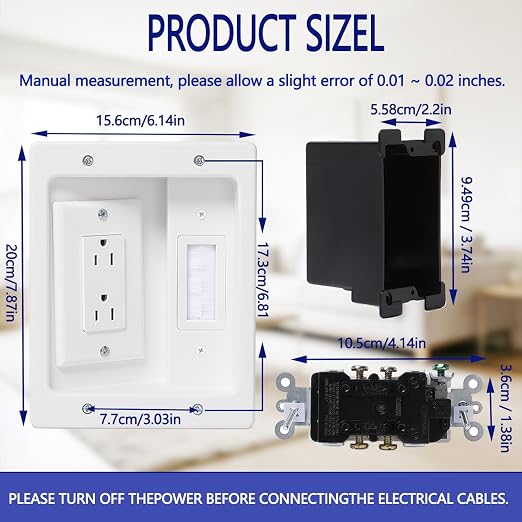 Wall Cable Concealer Management Kit, Recessed TV Outlet Box, in Wall TV Box Hidden Cable Connection Kit, Behind TV Outlet Box Recessed Wall Mount TV Box to Hide Power Cables and Low Voltage Wires