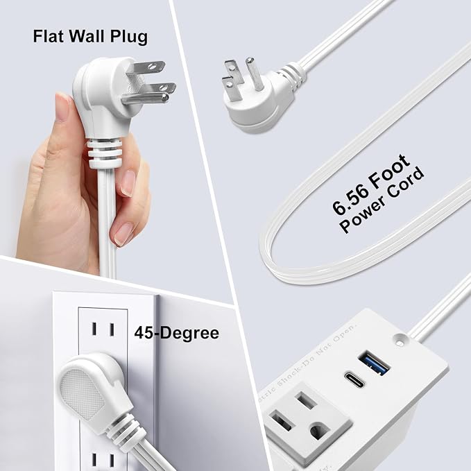 USB C Recessed Power Strip Fast Charge Desktop Power Station 2 Outlets 2 USB (PD20W & QC18W, Total 20W) Mountable Flat Plug Extension Cord Mount for Tabletop Sofa Cabinet Nightstand (USB C White)