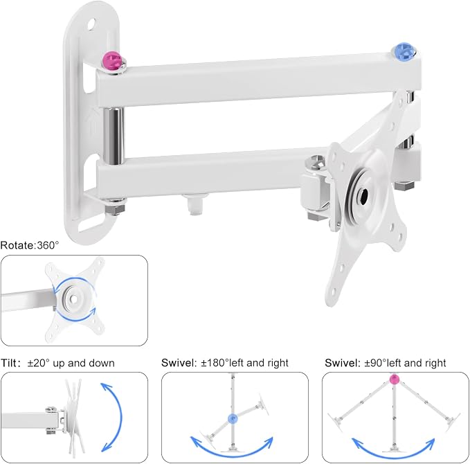 Suptek TV Wall Mount Swivel Tilt Rotation Full Motion Adjustable Articulating for Most 15-32 inch LED, LCD Monitor Wall Mount VESA 75,100, White (MA2720W)