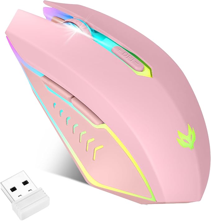 Wireless Gaming Mouse, Rechargeable Computer Mouse, 7-Color LED Light, Ergonomic Mouse with 6 Silent Click Buttons, 3 Adjustable 2400 DPI Wireless Mouse for Laptop,PC,Mac, Pink