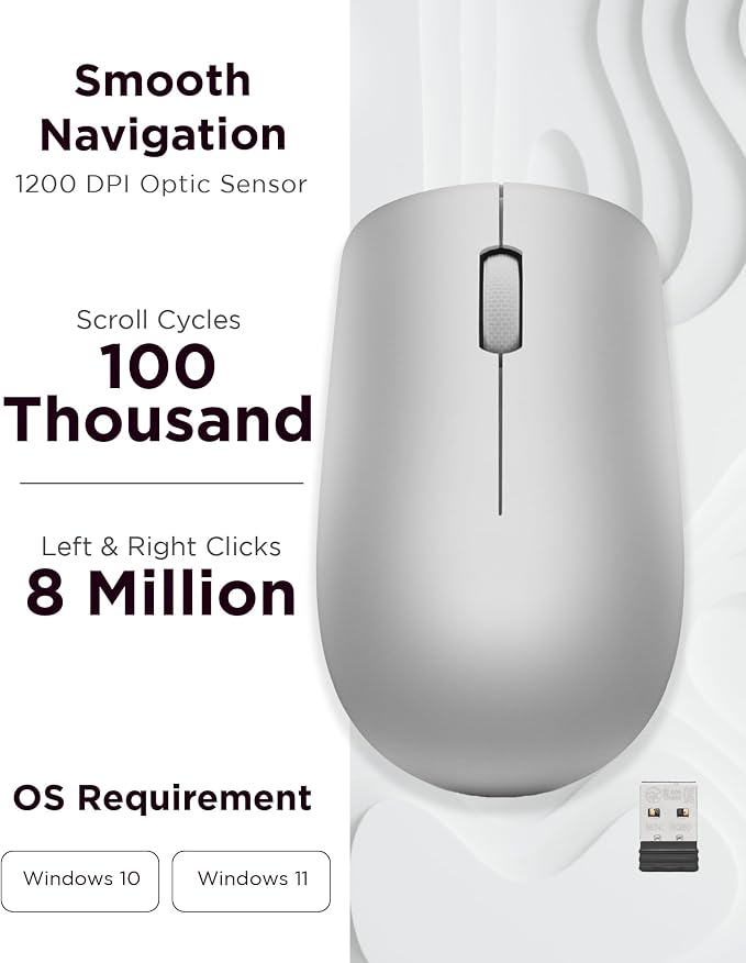 Lenovo 530 Full Size Wireless Computer Mouse for PC, Laptop, Computer with Windows - 2.4 GHz Nano USB Receiver - Ambidextrous Design - 12 Months Battery Life - Platinum Grey