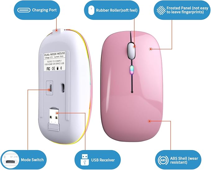Wireless Bluetooth Mouse, Rechargeable, LED, Silent, Ultra-thin Design (Bluetooth 5.2 and 2.4GHz USB Receiver) | Portable Computer Mouse for Laptops, iPads, MacBooks and Apple Devices (Rose gold)
