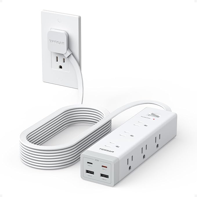 TESSAN Surge Protector Power Strip PD 20W, Ultra Thin Flat Plug 15 FT Extension Cord, 9 Outlets 4 USB(2 USB C), 1050J Protection Multiple Outlets Charging Station for Home, Office, College Dorm Room