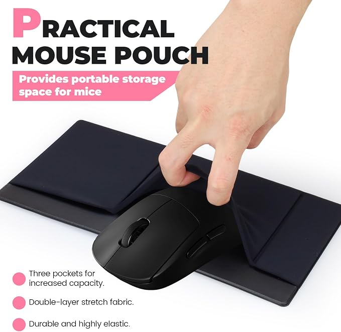 3-Pocket Laptop Pouch for Mouse & Hard Drive, Adhesive Holder Case Elastic Sleeve Pocket for External Portable SSD, Phone, USB Cable, Pen, Black