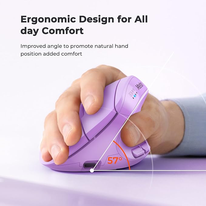 MEETION Ergonomic Mouse, Wireless Mouse, Bluetooth Vertical Rechargeable Mice, 4 Adjustable DPI 800-2400, Bluetooth 5.2+5.2+USB Mouse for Windows/Mac, for Laptop/PC/Desktop/Computer/iPad - Purple