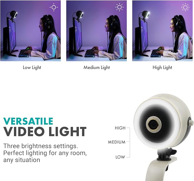 Movo WebMic HD Pro All-in-One Webcam with Mic and Ring Light in Pearl White- 1080p HD Camera, Pro Cardioid Condenser Microphone, LED Ring Light -HD Webcam For Streaming, Video Calls, Recording, Gaming