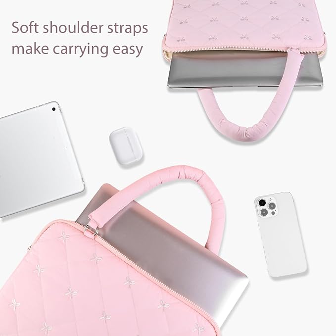 Cute Bow Laptop Case Coquette 13-15 Inch Puffy Laptop Sleeve Accessories Aesthetic Quilted Computer Bag for MacBook (Pink, 13-14inch)