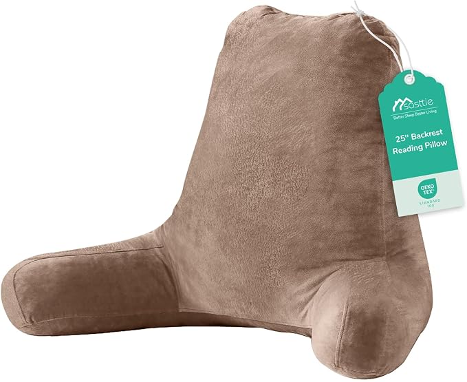 Sasttie 25-inch Reading Pillows for Sitting in Bed Adult, Jumbo Velvet Back Pillow Bed Sitting Up, XL High Back-Rest Support Cushion for Sit Up on Couch & Floor, Oeko-Tex Certified, Light Brown