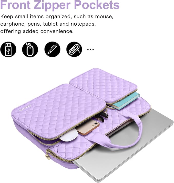MOSISO 360 Protective Laptop Case 13.3 inch, 13-13.3 inch Laptop Sleeve Compatible with MacBook Air/Pro 13/Pro 14,HP Dell ASUS Lenovo, Square Quilted Bag Cover with 2 Pockets&Handle&Belt, Purple