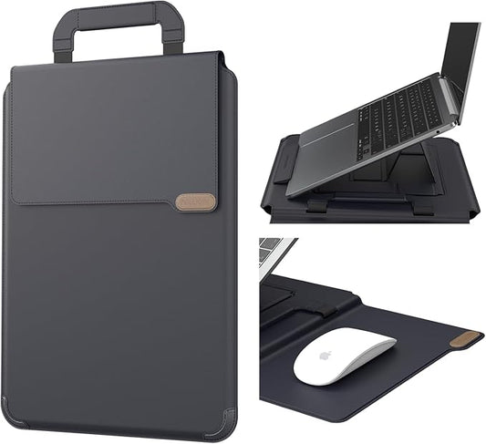 Nillkin Upgraded 12-14 Inch Laptop Sleeve Case for MacBook/Dell/HP/Lenovo/Asus, Unique Slim Travel Computer Bag with Adjustable Stand & Mouse Pad, Magnetic Handle, PU Leather, Black