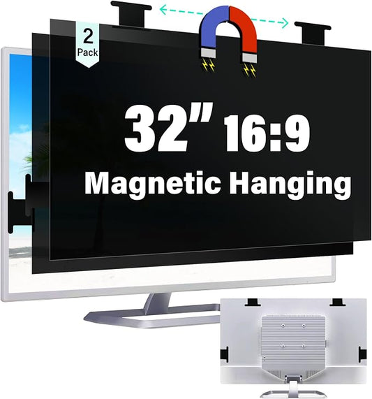 [2 Pack] Magnetic Hanging 32 Inch Computer Privacy Screen for 16:9 Aspect Ratio Widescreen Monitor, Removable Eye Protection Anti Glare Blue Light Computer Monitor Privacy Filter