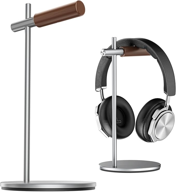 Oak Headphone Stand, Wood Headset Stand for Desk, Universal Holder for Airpods max, Bose, Beats, Gaming, Apple Vision Pro, VR Display Stand (Silver)