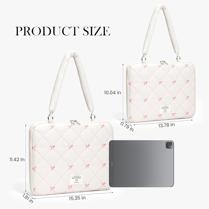 Cute Bow Laptop Case Coquette 13-15 Inch Puffy Laptop Sleeve Accessories Aesthetic Quilted Computer Bag for MacBook (White, 13-14inch)