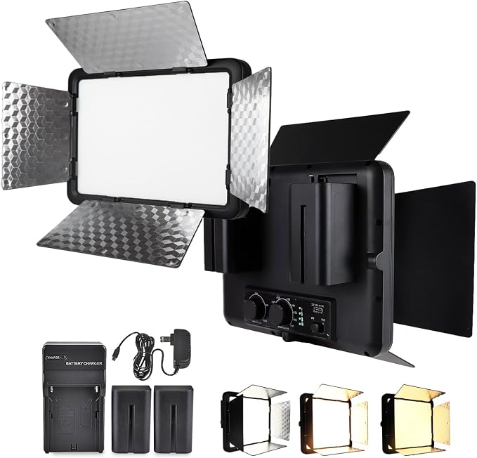 LED Video Light with Barn Door, 4400mAh Rechargeable Battery×2, 3200-6500K CRI 96+ Adjustable Panel Light for Outdoor Photography/Live Broadcast Shooting/Indoor Recording Fill Light/Video Conferencing