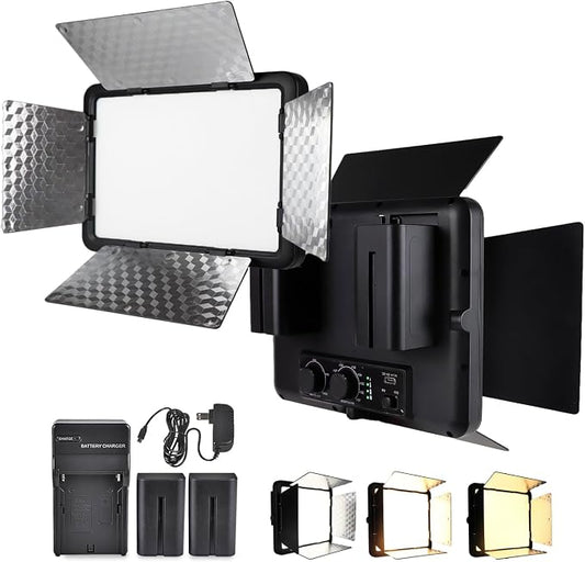 LED Video Light with Barn Door, 4400mAh Rechargeable Battery×2, 3200-6500K CRI 96+ Adjustable Panel Light for Outdoor Photography/Live Broadcast Shooting/Indoor Recording Fill Light/Video Conferencing