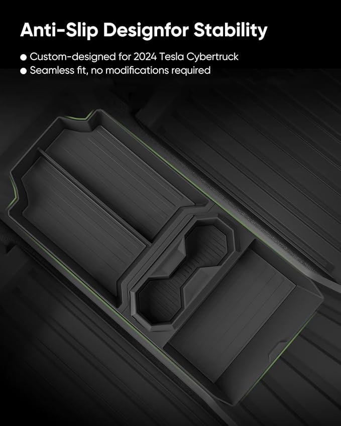 Tesla Cybertruck Floor Lower Tray - Custom Fit Storage Tray with Cup Holders, Anti-Slip, Waterproof TPE, Multi-Compartment Organizer for 2024+ Cybertruck, Center Console Compatible