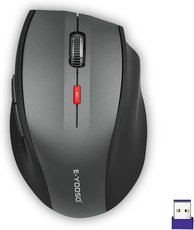 E-YOOSO Wireless Mouse for Laptop, Portable Optical Computer Mouse, 6 Buttons, Cordless 2.4GHz with USB Receiver, 5-Level 4800 DPI, 18 Months Battery Life, for PC, Chromebook (Gray & Black, USB)