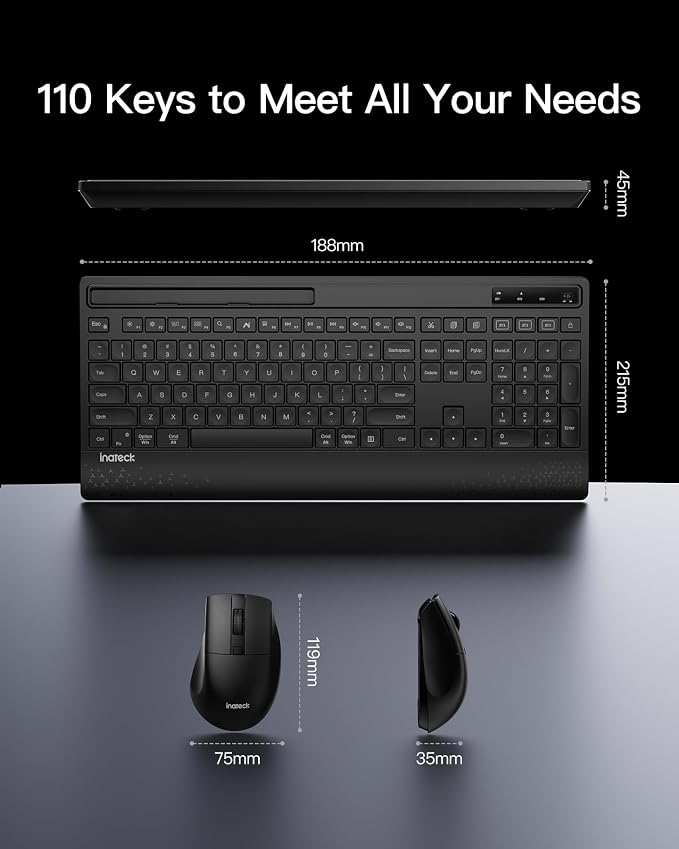 Inateck Wireless Keyboard Mouse Set, QWERTZ Wireless Keyboard in Full Size, 3 Bluetooth, with Wrist Rest, AI Function, Silent Keyboard for Mac, Windows, Laptop, PC, Smart TV, KB06006