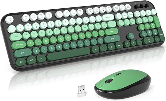 MOFII Wireless Keyboard and Mouse Combo, 2.4GHz Retro Typewriter Keyboard Full Size, Quiet Click Mouse, USB Receiver Plug and Play, for PC, Laptop, Desktop, Windows (Black Green Gradient)