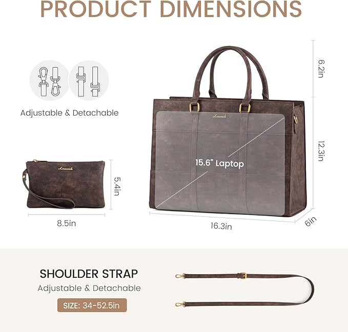 LOVEVOOK Laptop Bag for Women, 15.6 Inch Laptop Tote Bag, Vintage Leather Work Bags for Women, Waterproof Computer bag with Clutch Purse, Large Capacity Briefcase, Business Office Bag | Two-piece set