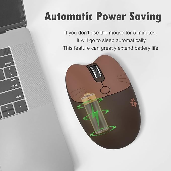 Lomiluskr Cute Cat Wireless Mouse, Lightweight Soundless Mice, 2.4G Wireless Mice, Candy Colors, Kawaii Mouse for Girls and Kids (Coffee)