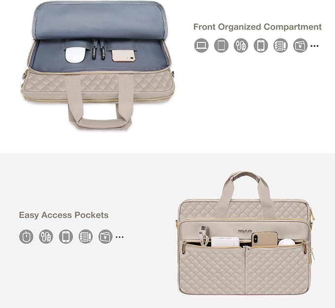 MOSISO 13-14 inch Laptop Bag, Laptop Briefcase Messenger Compatible with MacBook Neo 13 inch/Air 13.6/13 /Pro 13/14, Square Quilted Computer Bag Work Office Business with 3 Pockets&Strap, Taupe Brown